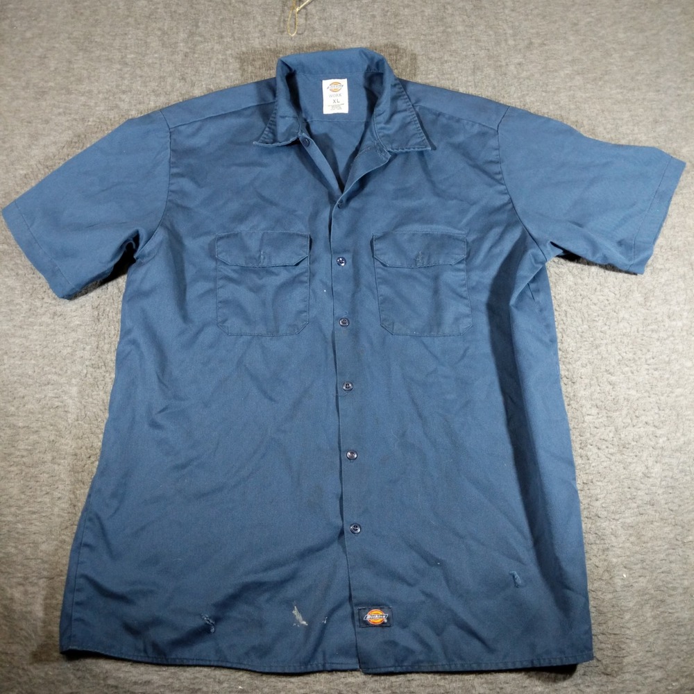 Dickies Short Sleeve Work Shirt Mens XL Blue Distressed Button Up
